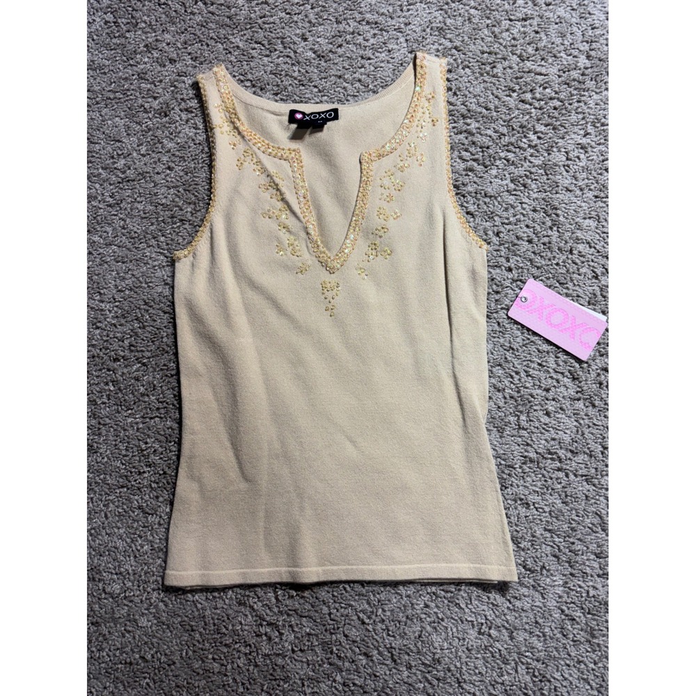 XOXO Womens Tan Beige Sequin Embellished Split Neck Knit Tank Top Size M NWT Y2K